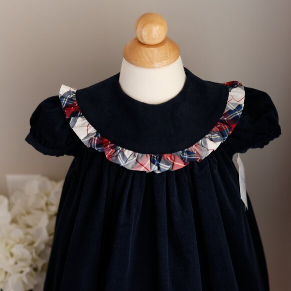 Navy 100% Cotton Corduroy Float Dress Plaid Trim Bailey Boys Boutique NWT - Picture 2 of 4